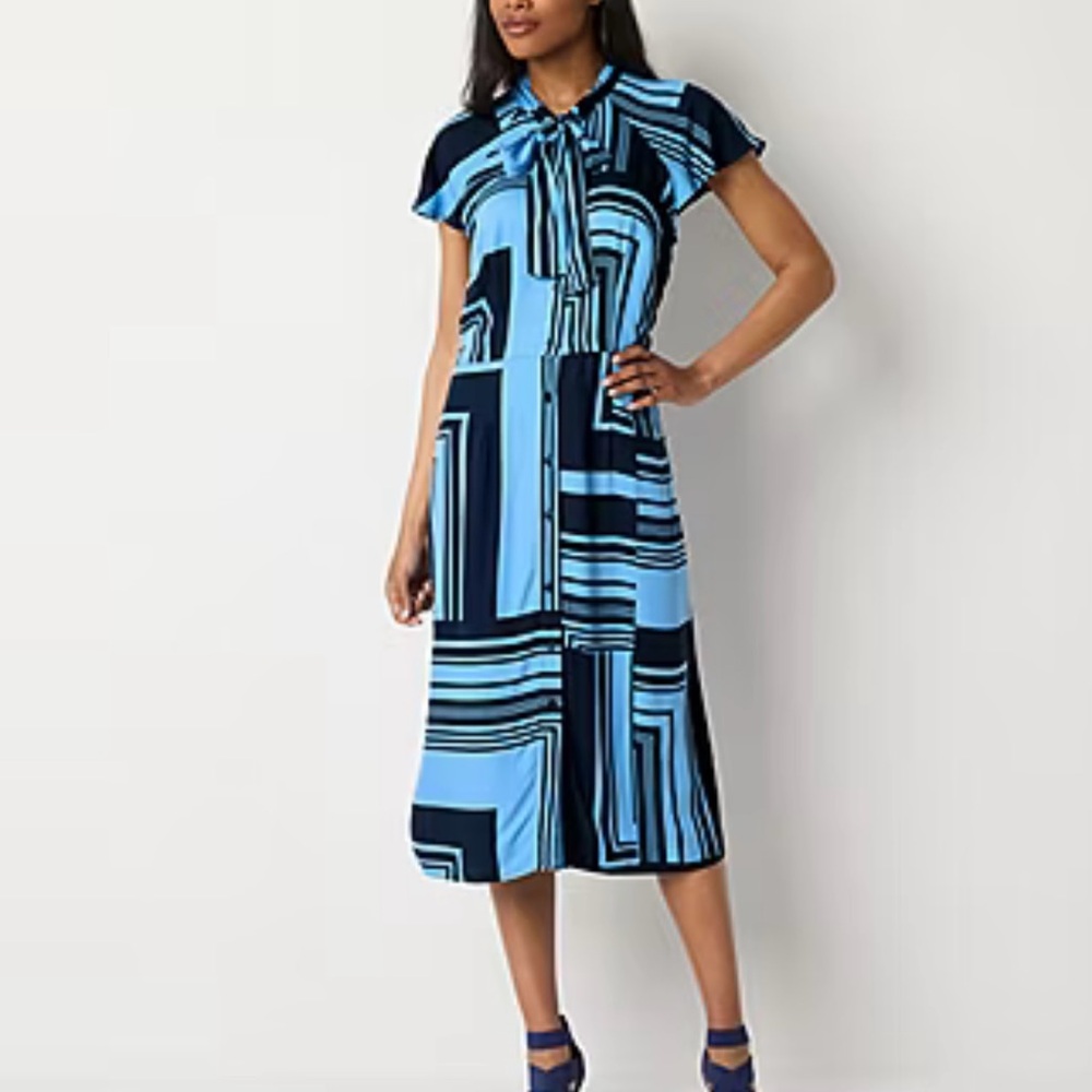 Liz Claiborne Short Sleeve Blue Geometric MIDI Button Down Tie Neck Dress NWT 10